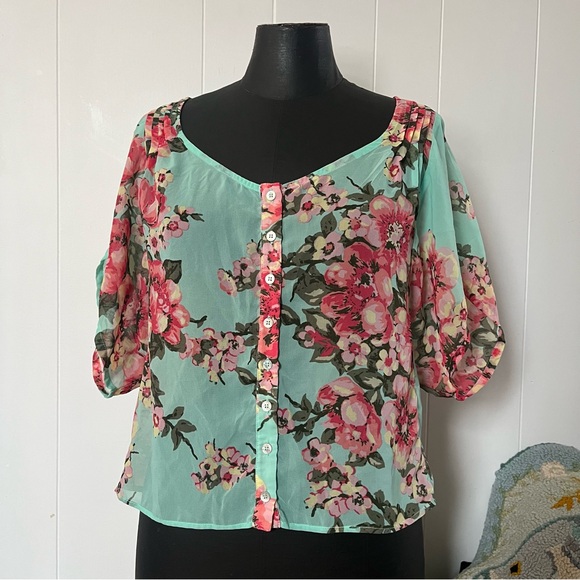 FARM Rio Tops - Farm Rio Floral Short Sleeve Blouse Turquoise Teal Flowers Button Pink Top